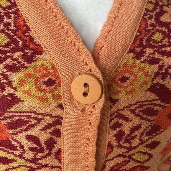 KOOI Knitwear Sz M Orange Red Floral Long Cardigan Artsy Boho Retro Festival Hip - Picture 7 of 13